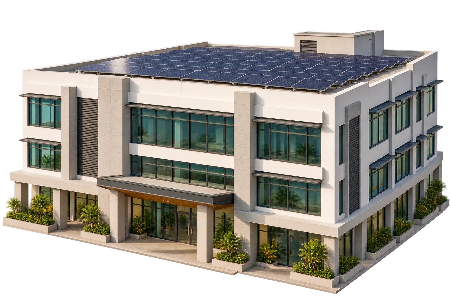 Illustration of a Caribbean commercial building with a rooftop solar array
