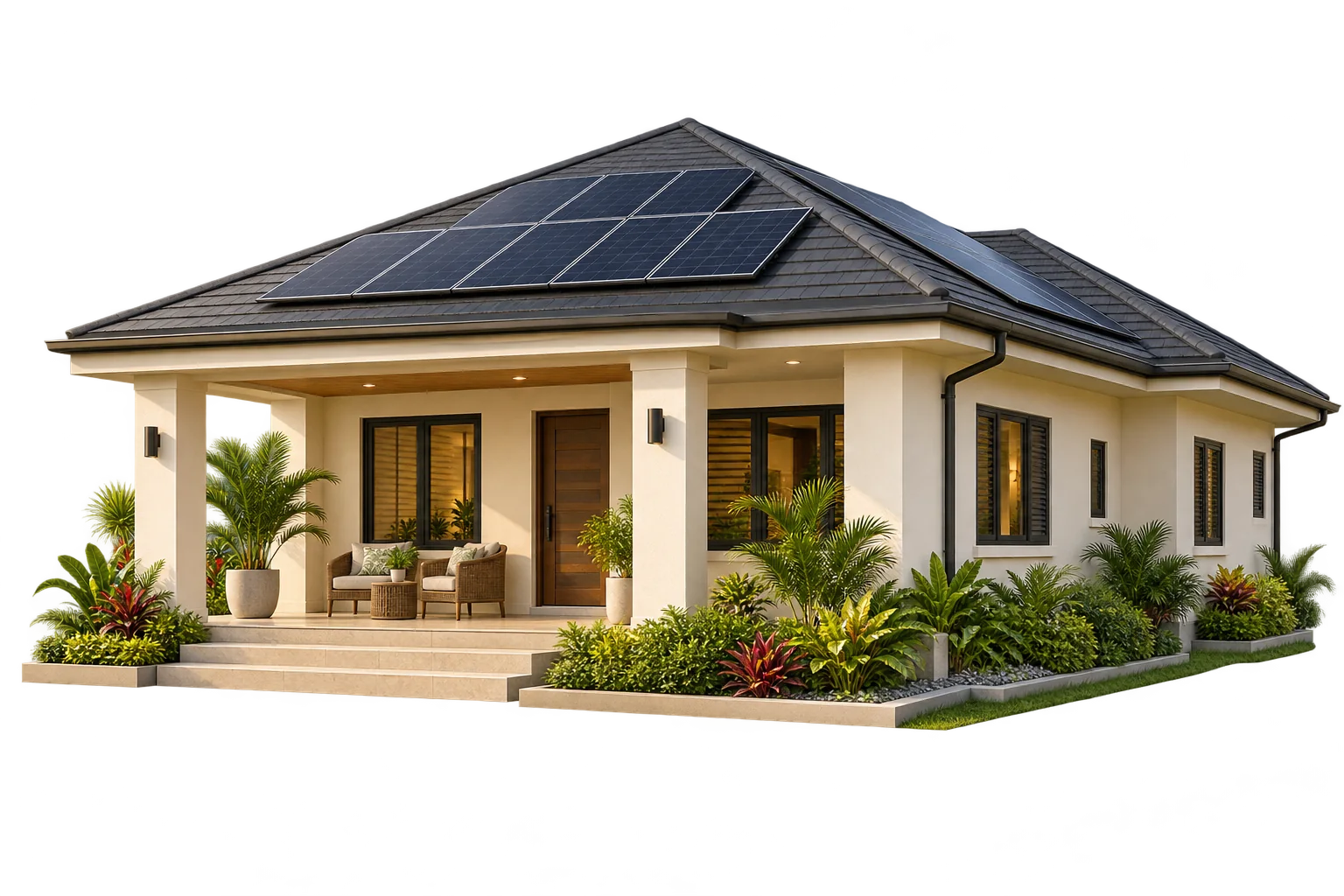 Illustration of a Jamaican-style home with rooftop solar panels