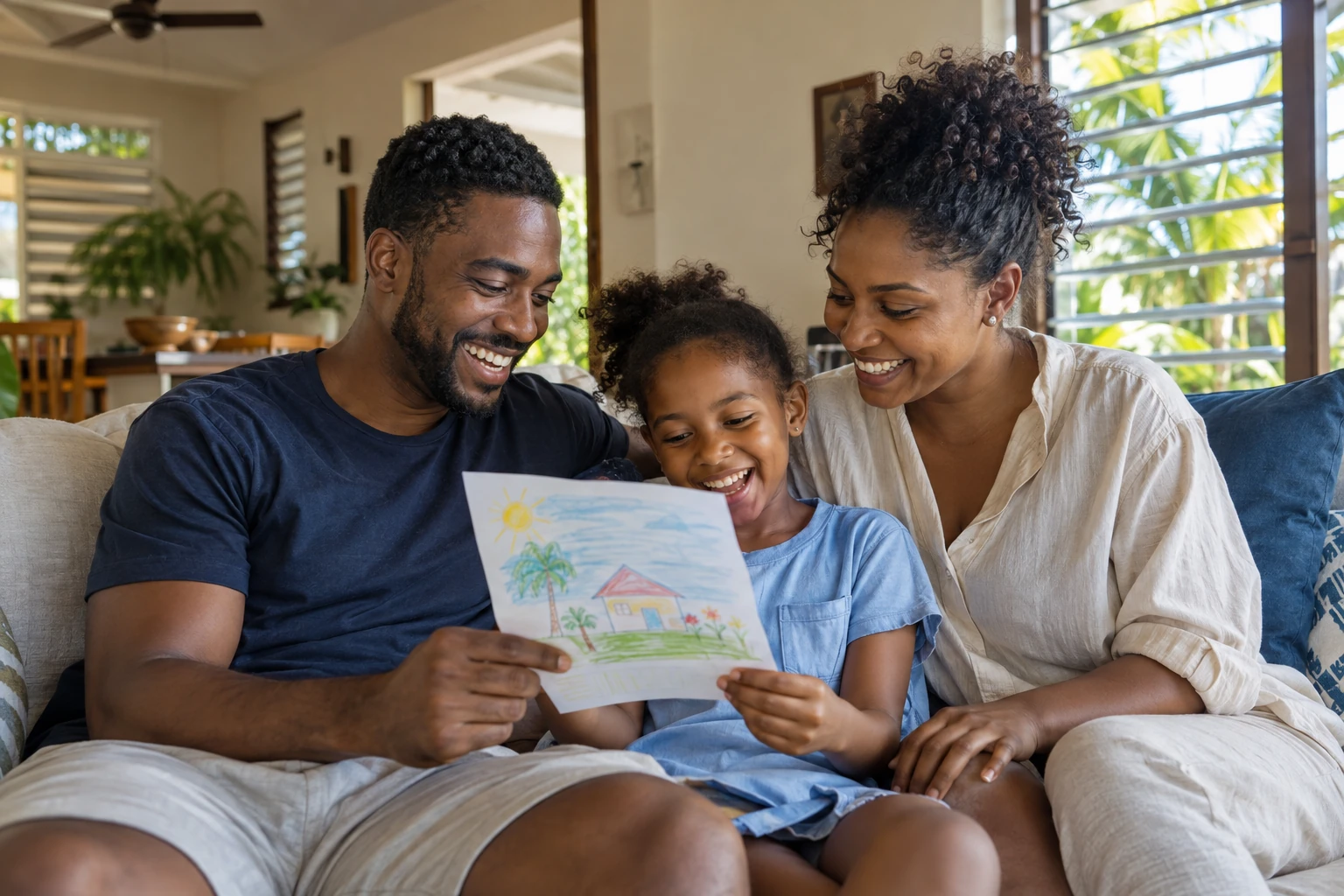 A Caribbean family sharing a child’s drawing in a bright home with louvred windows and tropical greenery
